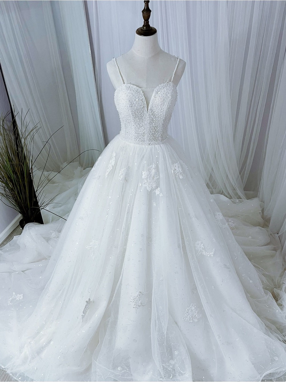 Sparkling White A-Line Tulle Bridal Gown with Beaded Bodice